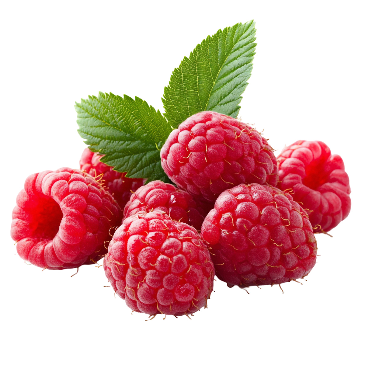 Premium single raspberry with green leaf showing red-pink fruit pearls