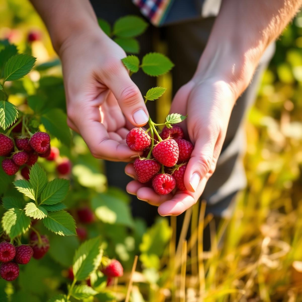 Hands handpicking ripe raspberries from the plant in sunny field